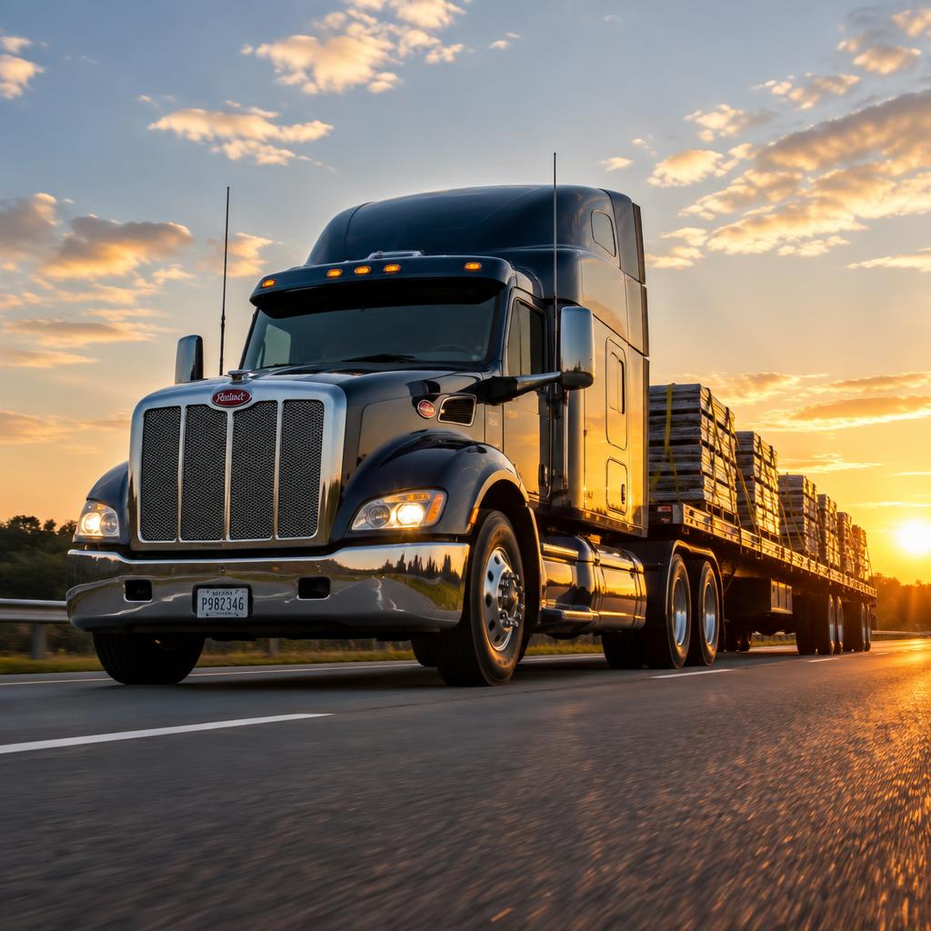 Loaded flatbed semi truck on an American interstate at golden hour